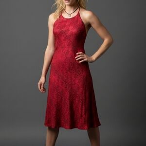 Vintage Knapp Studio Red Brocade Halter Dress, 90s, Whimsigoth Holiday Midi L